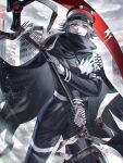  1boy absurdres aotsuki_eito armband black_cloak black_pants blood cloak commentary_request cowboy_shot eyeliner gakuran glasses gloves grey_hair headgear highres holding holding_scythe hole_in_chest hole_on_body impaled last_defense_academy_school_uniform looking_at_viewer makeup male_focus marchsan pants purple_eyes red_eyeliner redrawn ruins school_uniform scythe short_hair smile solo the_hundred_line_-last_defense_academy- white_armband white_gloves 