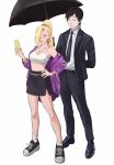  1boy 1girl absurdres alternate_costume alternate_universe angry arms_behind_back bare_legs bare_shoulders black_hair black_necktie black_pants black_shoes black_skirt black_suit black_umbrella blonde_hair blush bodyguard boruto:_naruto_next_generations boruto_(series) bracelet breasts cellphone clenched_teeth closed_eyes closed_mouth couple crop_top dress_shirt earpiece earrings flip_phone formal_clothes gold_bracelet gold_nails hair_ornament hair_over_one_eye hairband hairclip hand_on_own_hip height_difference highres holding holding_phone holding_umbrella hoop_earrings jacket jewelry light_smile lips lipstick makeup nail_polish naruto:_the_last naruto_(series) naruto_shippuuden necktie pale_skin pants phone pink_lips ponytail purple_jacket purple_ribbon ribbon ring sai_(naruto) shirt shoes skirt smile sneakers socks sports_bra suit teeth tuxedo umbrella white_background white_shirt white_socks white_sports_bra xmonday_mintx yamanaka_ino 