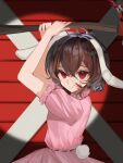  1girl absurdres animal_ears attacking_viewer axe blood blood_on_face breasts brown_hair chinese_commentary closed_mouth commentary_request dress evil_smile floppy_ears hair_between_eyes highres holding holding_axe inaba_tewi looking_at_viewer medium_hair pink_dress puffy_short_sleeves puffy_sleeves rabbit_ears rabbit_girl rabbit_tail red_eyes redrawn ribbon-trimmed_dress ribbon-trimmed_sleeves ribbon_trim short_sleeves small_breasts smile solo tail textless_version touhou user_dkrh2538 