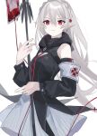  1girl absurdres arknights armband blood blood_bag braid commentary_request cross crown_braid detached_sleeves highres holding_iv_stand long_hair off_shoulder pale_skin pointy_ears red_cross red_eyes sleeveless sleeveless_jacket solo teizen_(niwamaee) vampire warfarin_(arknights) white_armband white_background white_hair 