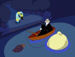  1boy 4others bigblueaxolotl bird_boy boat camera cat colored_sclera colored_skin deltarune fish_hook fishing fishing_line fishing_rod friend_(deltarune) grass hat holding holding_camera holding_fishing_rod hole_in_hand implied_death lake living_shadow multiple_others night normal_npc_(deltarune) on_boat onionsan skeleton smile spoilers stigmata taking_picture tree utdr_(toby_fox) w.d._gaster watercraft yellow_sclera yellow_skin 