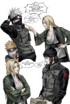  1girl 3boys arm_behind_head bandana black_bandana black_gloves blonde_hair breasts cleavage collarbone cropped_legs crossed_arms facial_mark facing_another flak_jacket forehead_mark forehead_protector from_side gloves green_haori hand_on_own_hip haori hatake_kakashi height_difference highres holding holding_paper jacket japanese_clothes konohagakure_shinobi_uniform konohagakure_symbol long_hair multiple_boys multiple_views naruto_(series) one_eye_closed paper pointing pointing_at_another ponytail red_nails shiranui_genma short_hair simple_background speech_bubble sso_s tongue tongue_out toothpick translation_request tsunade_(naruto) upper_body uzumaki_naruto whisker_markings white_background white_hair 