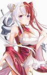  1girl absurdres azur_lane bare_shoulders breasts chao_ho_(azur_lane) chinese_clothes cleavage detached_sleeves dress framed_breasts gold_hairband gold_trim highres large_breasts long_hair looking_at_viewer multicolored_hair proverbs_zhenyan purple_eyes red_dress red_hair rigging simple_background single_thighhigh solo thighhighs turret two-tone_dress two-tone_hair white_background white_dress white_hair white_legwear wide_sleeves 