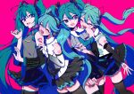  4girls absurdres aqua_hair aqua_nails aqua_necktie aqua_trim arm_tattoo bare_shoulders black_skirt blush breasts collarbone collared_shirt commentary_request detached_sleeves eiku grey_shirt hair_between_eyes hair_ornament hatsune_miku hatsune_miku_(nt) hatsune_miku_(vocaloid4) hatsune_miku_(vocaloid6) headset heart highres light_blush long_hair long_sleeves looking_at_another looking_at_viewer medium_breasts multiple_girls multiple_persona necktie number_tattoo open_mouth piapro_studio pink_background shirt skirt sleeveless sleeveless_shirt smile tattoo twintails v4x very_long_hair vocaloid white_shirt wide_sleeves 