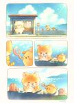  absurdres animal animal_focus artist_name baby_animal backpack bag bird bus_stop bus_stop_sign cat chick commentary_request fanning_self food hand_fan handheld_electric_fan highres hot ice_cream no_humans ocean orange_cat original outdoors sitting tatamaoekaki 