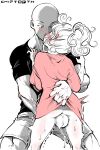  1boy 1girl absurdres ass bald blush breasts chip-tooth commentary curly_hair english_commentary greyscale highres hitachi_magic_wand kiss md5_mismatch medium_hair monochrome muscular one-punch_man pink_shirt resolution_mismatch saitama_(one-punch_man) sex_toy shirt short_hair small_breasts source_smaller t-shirt tatsumaki vibrator 