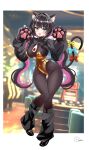  1girl alternate_breast_size_(larger) alternate_costume animal_ear_fluff animal_ears animal_hands azki_(hololive) black_bodystocking black_hair black_leg_warmers black_shoes black_shrug blush bow breasts casino cat_ears cat_girl cat_paws cat_tail cleavage colored_inner_hair commentary_request covered_navel fang full_body gloves gold_leotard groin hair_ornament hairclip hands_up high-ended_braid highleg highleg_leotard highres hip_dips hololive indoors inokeiwd kemonomimi_mode knees_together_feet_apart large_breasts leg_warmers leotard long_hair looking_at_viewer mole mole_under_eye multicolored_hair narrow_waist nontraditional_playboy_bunny open_mouth paw_gloves paw_pose pink_hair pink_streaks purple_eyes see-through_cleavage see-through_clothes shoes shrug_(clothing) skin_fang smile smug solo strapless strapless_leotard streaked_hair super_highleg tail tail_bow tail_ornament twintails twintails_with_hair_base v-shaped_eyebrows very_long_hair virtual_youtuber white_streaks wide_hips x_hair_ornament 