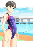  1girl absurdres arched_back bench black_hair blue_sky breasts cameltoe cloud competition_swimsuit covered_navel cowboy_shot glasses highres lifeguard_chair looking_at_viewer multicolored multicolored_clothes multicolored_swimsuit one-piece_swimsuit original pool purple_swimsuit short_hair sky small_breasts solo standing swimsuit takafumi 