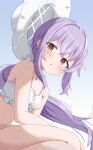  1girl absurdres atsuko_(blue_archive) atsuko_(swimsuit)_(blue_archive) bikini blue_archive blush breasts cleavage collarbone commentary_request frilled_bikini frills halo hat highres jewelry long_hair looking_at_viewer medium_breasts necklace numahata_tofu. official_alternate_costume official_alternate_hairstyle open_mouth pink_eyes portrait purple_hair see-through_clothes solo sun_hat swimsuit upper_body white_bikini white_hat 