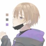  1boy blush brown_hair closed_mouth color_guide commentary_request drawstring earrings from_side grey_sweater hair_between_eyes hand_up highres hood hood_down hooded_sweater jewelry long_sleeves looking_at_viewer looking_to_the_side male_focus mask mask_pull mouth_mask original pd_ta1 portrait profile purple_eyes short_hair sideways_glance simple_background solo sweater turtleneck twitter_username white_background 
