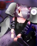  1boy absurdres animal_ears arm_warmers bishounen black_choker blank_stare box boxcutter cat_ears choker emo_fashion face_piercing hair_over_eyes highres kneading_(behavior) lying moe_(phrase) original piercing pillow purple_hair purring red_eyes ribbon sarberry_sarberxie short_hair stuffed_animal stuffed_toy tail_raised tank_top yarn yarn_ball 