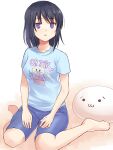  1girl :o bangs barefoot black_hair blue_shirt blue_shorts blush breasts clothes_writing collarbone eyebrows_visible_through_hair highres long_hair looking_away looking_to_the_side okiru parted_lips purple_eyes shirt short_sleeves shorts signature sitting small_breasts solo tamura_yuri wariza watashi_ga_motenai_no_wa_dou_kangaetemo_omaera_ga_warui! white_background 