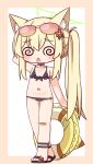  1girl @_@ absurdres animal_ear_fluff animal_ears arm_behind_head arm_up bandaid bandaid_on_knee bandaid_on_leg bare_arms bare_shoulders bikini black_bikini black_sandals blonde_hair blue_archive blush border brown-tinted_eyewear brown_border chibi choker collarbone eyewear_on_head facing_viewer flat_chest flower fox_ears frilled_bikini frills front-tie_bikini_top front-tie_top full_body hair_between_eyes hair_flower hair_ornament halo hana_kazari highres innertube kurumi_(blue_archive) kurumi_(c108_swimsuit)_(blue_archive) long_hair o-ring o-ring_bikini o-ring_choker o-ring_top open_mouth red_flower sandals side_ponytail solo standing sunglasses swim_ring swimsuit tinted_eyewear very_long_hair white_background 