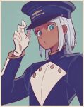  1boy blue_background blue_eyes blue_headwear border dark_skin dark_skinned_male gloves gundam hair_behind_ear hat loran_cehack male_focus parted_lips solo son_(skvnmn0) turn_a_gundam upper_body white_gloves white_hair 