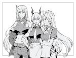  3girls alternate_costume animal_ears apron arknights bangs bare_shoulders blush ch&#039;en_(arknights) dragon_horns drill_hair enmaided frills hair_between_eyes horns hoshiguma_(arknights) jacket long_hair maid maid_apron maid_headdress midriff monochrome multiple_girls necktie oni_horns open_mouth puffy_short_sleeves puffy_sleeves ribbon short_sleeves single_horn skirt sleeveless swire_(arknights) tiger_ears waitress zuncro_gb 