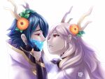  1boy 1girl blue_hair blush cape elbow_gloves english_commentary fake_horns fire_emblem fire_emblem_heroes flower gloves gold_trim hair_flower hair_ornament hakuramen hand_on_another&#039;s_cheek hand_on_another&#039;s_face horns imminent_kiss lace_veil leaf_hair_ornament lif_(fire_emblem) long_hair looking_at_another official_alternate_costume open_mouth red_eyes see-through short_hair signature simple_background skull tareme thrasir_(fire_emblem) upper_body veil_removed watermark white_background white_cape white_hair 