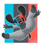  4_fingers absurd_res anthro anthrofied digital_media_(artwork) female fingers hi_res humanoid jhenightfox looking_at_viewer nintendo nintendo_switch open_mouth open_smile pattern_background signature simple_background smile solo spread_legs spreading switch_dog tongue video_games 