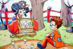  1boy 1girl captain_rainbow cherry_blossoms double_bun floral_print floral_print_shirt flower glasses hair_bun hair_flower hair_ornament highres hikari_(captain_rainbow) japanese_clothes kamishibai miko nick_(captain_rainbow) ocean on_ground outdoors print_shirt shirt speedy_(pkh) 