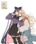  2girls black_bow black_skirt black_thighhighs blonde_hair blue_hair blunt_bangs bow commentary criis-chan detached_sleeves hair_bow long_hair multiple_girls panty_&amp;_stocking_with_garterbelt panty_(psg) photo_inset pink_hair purple_shirt shirt siblings sisters skirt smile stocking_(psg) thighhighs untranslatable_commentary very_long_hair white_background 