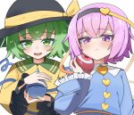  2girls blue_shirt blush commentary_request contrast_collar disembodied_linked_eye eyeball green_eyes green_hair hat heart_ornament komeiji_koishi komeiji_satori long_sleeves looking_at_viewer multiple_girls pink_eyes pink_hair shirt short_hair siblings sisters tomoshi_sora touhou upper_body white_background wide_sleeves yellow_shirt 