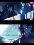  2boys absurdres black_eyes black_hair black_shirt blood blood_on_clothes blood_on_face bus_stop collared_shirt commentary_request eyepatch glasses heishou_pack-wu_branch_(identity)_(project_moon) highres hong_lu_(project_moon) hongyuan_(identity)_(project_moon) hood hood_down hooded_jacket hzcppks jacket limbus_company looking_at_viewer medical_eyepatch medium_hair multiple_boys night outdoors parted_lips project_moon rain road shirt street transparent transparent_umbrella umbrella yi_sang_(project_moon) 