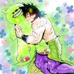  1boy black_hair bracer broly_(dragon_ball_super) character_request dragon_ball dragon_ball_super dragon_ball_super_broly feet_out_of_frame floral_background hug lying male_focus medium_hair muscular muscular_male on_side pants scar scar_on_cheek scar_on_face shirtless skin_tight sleeping smile solo spiked_hair stuffed_animal stuffed_toy tarutobi tight tight_pants 