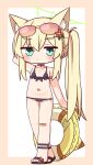  1girl absurdres animal_ear_fluff animal_ears arm_behind_head arm_up bandaid bandaid_on_knee bandaid_on_leg bare_arms bare_shoulders bikini black_bikini black_sandals blonde_hair blue_archive blush border brown-tinted_eyewear brown_border chibi choker closed_mouth collarbone eyewear_on_head flat_chest flower fox_ears frilled_bikini frills front-tie_bikini_top front-tie_top full_body green_eyes hair_between_eyes hair_flower hair_ornament halo hana_kazari highres innertube kurumi_(blue_archive) kurumi_(c108_swimsuit)_(blue_archive) long_hair looking_at_viewer o-ring o-ring_bikini o-ring_choker o-ring_top red_flower sandals side_ponytail solo standing sunglasses swim_ring swimsuit tinted_eyewear very_long_hair white_background 