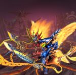  1boy absurdres armor assault_visor blue_armor chain claws closed_mouth commentary_request dragon dragon_boy duel_masters fiery_hair fire from_above from_side glenmalt_(duel_masters) helmet highres multicolored_armor muscular muscular_male profile red_armor solo sword tunart_thunnus weapon 