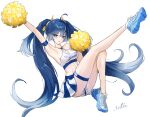  1girl ahoge alternate_costume armpits bare_shoulders blue_eyes blue_hair blue_skirt breasts cleavage commentary full_body gradient_hair highres iuno_(wuthering_waves) long_hair looking_at_viewer md5_mismatch medium_breasts multicolored_hair outstretched_arm parted_lips pom_pom_(cheerleading) presenting_own_armpit resolution_mismatch shoes signature simple_background skirt smile sneakers solo source_larger streaked_hair thigh_strap twintails two-tone_skirt utim white_background white_skirt wuthering_waves 