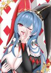  1girl absurdres azur_lane blue_hair breasts cleavage collar commentary_request facial_mark fellatio_gesture forked_tongue frilled_collar frills hair_intakes hat highres jester_cap large_breasts marco_polo_(ambitious_showcase)_(azur_lane) marco_polo_(azur_lane) official_alternate_costume one_eye_closed red_eyes soda-mayomayo solo tongue tongue_out upper_body 