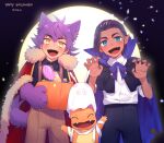  2boys animal_ears bangs black_hair black_shirt blue_eyes blush brown_pants buttons candy cape charmander claw_pose collared_shirt commentary dark_skin dark_skinned_male earrings fang fangs food gen_1_pokemon gen_6_pokemon goomy halloween halloween_bucket hands_up happy_halloween highres jewelry leon_(pokemon) lollipop looking_at_viewer male_focus meltnotmelt multiple_boys open_mouth pants pointy_ears pokemon pokemon_(creature) pokemon_(game) pokemon_swsh purple_hair raihan_(pokemon) shirt suspenders tail tongue yellow_eyes younger 