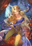  1girl absurdres blonde_hair blue_eyes blue_shirt breasts celes_chere cleavage closed_mouth commentary curtains final_fantasy final_fantasy_vi flower foot_out_of_frame hair_ornament highres holding holding_sword holding_unworn_clothes holding_unworn_scarf holding_weapon jacket large_breasts long_hair looking_at_viewer open_clothes open_jacket pants parted_bangs puffy_sleeves purple_flower scarf shirt smile solo standing standing_on_one_leg sword teaz917 unworn_scarf weapon window yellow_jacket yellow_pants 