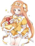  1girl :q absurdres alternate_costume bow bow_hairband bowtie commentary_request dress egg_hair_ornament food-themed_hair_ornament frilled_dress frills hair_ornament hair_ribbon hairband highres holding holding_staff ima_sugu_rinne_(vocaloid) ketchup kirara_tamako layered_dress magical_girl multicolored_ribbon nijisanji orange_eyes orange_hair puffy_short_sleeves puffy_sleeves ribbon ryo_lo2 short_sleeves sidelocks staff star_(symbol) star_wand striped_bow striped_bowtie striped_clothes tongue tongue_out two_side_up white_ribbon yellow_ribbon 