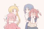  4girls ahoge ahoge_wag blonde_hair blue_hair blush bocchi_the_rock! bow brown_cardigan brown_serafuku cardigan chinese_commentary commentary_request cube_hair_ornament detached_ahoge expressive_hair full-face_blush gotoh_hitori hair_ornament hug hug_from_behind ijichi_nijika kessoku_band kita_ikuyo layered_sleeves long_skirt long_sleeves medium_hair mole mole_under_eye multiple_girls one_side_up pink_hair pink_track_suit pleated_skirt polka_dot polka_dot_bow ponytail red_eyes red_hair school_uniform serafuku shimokitazawa_high_school_uniform shirt short_over_long_sleeves short_sleeves shuka_high_school_uniform side_ahoge side_ponytail skirt track_suit white_shirt yakaze_(yakaze1604) yamada_ryo yellow_eyes yuri 