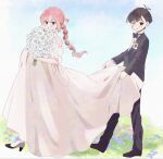  1boy 1girl alternate_costume alternate_hairstyle antenna_hair aubrey_(faraway)_(omori) aubrey_(omori) black_bow black_bowtie black_eyes black_hair black_pants blue_eyes bow bowtie braid collarbone collared_shirt commentary double-parted_bangs dress english_commentary flower grey_eyes hair_between_eyes haruyama_sub heterochromia high_heels highres holding holding_flower long_hair long_sleeves looking_at_viewer omori open_mouth pants parted_lips pink_hair shirt short_hair sidelocks single_braid spoilers sunny_(omori) tuxedo white_dress white_shirt 