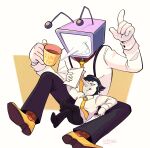  2boys :q ant_tenna artist_name between_legs black_hair black_pants cigarette coffee_mug collared_shirt colliholly colored_skin crossed_legs crt cup dated deltarune english_commentary full_body gloves grin highres holding holding_cigarette holding_cup long_nose male_focus mug multiple_boys necktie object_head pants pointy_nose print_socks radio_antenna red_socks shirt shoes short_hair sitting_between_legs smile socks spamton_g._spamton spamton_g._spamton_(big_shot) tongue tongue_out utdr_(toby_fox) white_gloves white_shirt white_skin yellow_necktie yellow_shoes 
