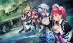  5girls akihabara_(tokyo) akihabara_station apron arisa_hikami assault_rifle breasts chainsaw city cleavage everyone frills gatling_gun gun h&amp;k_hk416 highres holding holding_chainsaw holding_gun holding_sword holding_weapon leyla_sanders m134_minigun maid maid_apron maid_headdress maid_of_the_dead minigun multiple_girls nagisa_hihara official_art otoha_tsuchiura outdoors promotional_art real_world_location rifle rinka_kazane rubble skorpion_vz._61 standing submachine_gun sword tokyo_(city) weapon white_apron 