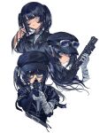  1girl aiming aiming_at_viewer bandaged_arm bandages black_gloves black_hair black_hat black_jacket black_ribbon chinese_commentary closed_mouth collared_shirt commentary_request gloves goggles grey_eyes gun hair_ribbon hat highres holding holding_gun holding_weapon jacket kurobe_nanoka long_hair looking_at_viewer mahou_shoujo_no_majo_saiban mouth_hold multiple_views parted_lips revolver ribbon rifle shirt simple_background single_glove stalk_in_mouth twintails upper_body weapon white_background white_shirt yang_yu_sanjiao 
