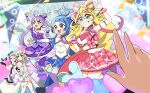  5girls ahoge aokaze_nana bare_shoulders blonde_hair blue_bow blue_dress blue_eyes blue_hair blush bow bracelet braid breasts bridal_gauntlets choker closed_mouth commentary_request crying crying_with_eyes_open cure_idol cure_kiss cure_kyunkyun cure_wink cure_zukyuun detached_sleeves double-parted_bangs dress earrings elbow_gloves eyelashes frilled_dress frilled_sleeves frills gloves gradient_hair hair_between_eyes hair_bow hair_ornament hair_ribbon hairband happy headset heart heart-shaped_lock heart_hair_ornament highres jewelry kimi_to_idol_precure long_hair looking_at_viewer magical_girl medium_breasts meroron_(precure) midriff multicolored_hair multiple_earrings multiple_girls multiple_hair_bows musical_note musical_note_hair_ornament navel one_eye_closed one_side_up open_mouth orange_eyes overskirt parted_bangs pearl_earrings pink_dress pink_eyes pink_hair pink_streaks plaid_bow plaid_clothes plaid_skirt ponytail precure purirun_(precure) purple_bridal_gauntlets purple_choker purple_eyes purple_hair purple_overskirt purple_skirt purple_streaks ribbon sakura_uta_(precure) shigure_kokoro short_sleeves sidelocks single_bare_shoulder skirt skirt_bow sleeveless sleeveless_dress smile strapless strapless_dress streaked_hair streaming_tears symbol-shaped_pupils tanaka_meron tanaka_purin tears tsumiki_draw_(576349) twin_braids twintails two-tone_hair very_long_hair wavy_hair white_dress white_hairband white_sleeves yellow_eyes 