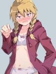  1girl akayama_yukihe blonde_hair blush braid collarbone commentary_request embarrassed fingernails flat_chest gabu_(yomi_no_tsugai) highres looking_at_viewer medium_hair navel open_clothes open_mouth panties pink_eyes solo sports_bra twin_braids underwear white_panties yomi_no_tsugai 