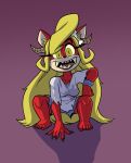  2020 activision anthony_loiacono anthro bandicoot black_nose blonde_hair bottomwear clothing coco_bandicoot crash_bandicoot_(series) demon female hair hi_res horn looking_at_viewer mammal marsupial pupils sharp_teeth shirt shorts simple_background slit_pupils smile solo teeth topwear torn_clothing video_games 