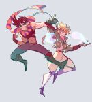  2boys :< arms_up bandana bandana_around_neck battle_tendency belt belt_buckle black_belt black_boots blonde_hair blue_eyes blue_jacket blue_pants blush_stickers boots brown_hair bubble buckle caesar_anthonio_zeppeli closed_mouth fake_head_wings fingerless_gloves frown full_body gloves grey_background grin headband jacket jojo_no_kimyou_na_bouken joseph_joestar looking_to_the_side midriff multiple_boys navel open_clothes open_jacket outstretched_arm pants pepepegle pink_bandana pointing scarf shirt short_hair sideways_glance smile striped_clothes striped_scarf thick_eyebrows very_short_hair white_pants white_shirt 