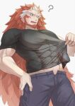 1boy ? abs alternate_costume bara beard black_shirt commentary_request facial_hair highres iorixhatuki large_pectorals long_hair male_focus migi_(yomi_no_tsugai) multicolored_hair muscular muscular_male pectorals red_hair see-through_clothes see-through_shirt shirt small_horns solo two-tone_hair very_long_hair yomi_no_tsugai 