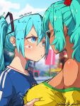  2026_fifa_world_cup aqua_hair blue_eyes brazil brazilian_flag brazilian_flag_print brazilian_miku breasts commentary dark_skin english_commentary flag_print flower grabbing_another's_breast groping hair_flower hair_ornament hatsune_miku japan jk_arts large_breasts long_hair shirt sunglasses tan vocaloid world_cup yellow_shirt 