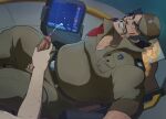 1boy 1other arm_hair bara belt black_hair breast_pocket chest_hair clenched_teeth cum donyell_toss ejaculation erection facial_hair gundam gundam_g_no_reconguista handjob hat magnum_feering male_focus mustache pectoral_cleavage pectorals penis penis_out pocket sideburns solo_focus teeth variant_set 