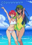  2girls amate_yuzuriha baseball_cap bikini black_hair blue_sky breasts casual_one-piece_swimsuit closed_eyes cloud commentary_request daoshitaka day facing_viewer feet_out_of_frame food fruit green_hat gundam gundam_gquuuuuux hand_on_own_hip hat highres horizon multiple_girls nyaan_(gundam_gquuuuuux) ocean official_alternate_costume one-piece_swimsuit one_side_up outdoors red_hair short_hair sky small_breasts smile swimsuit v white_bikini yellow_eyes yellow_one-piece_swimsuit 