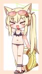 >_< 1girl :d absurdres animal_ear_fluff animal_ears arm_behind_head arm_up bandaid bandaid_on_knee bandaid_on_leg bare_arms bare_shoulders bikini black_bikini black_sandals blonde_hair blue_archive blush border brown-tinted_eyewear brown_border chibi choker closed_eyes collarbone eyewear_on_head facing_viewer fang flat_chest flower fox_ears frilled_bikini frills front-tie_bikini_top front-tie_top full_body hair_between_eyes hair_flower hair_ornament halo hana_kazari highres innertube kurumi_(blue_archive) kurumi_(c108_swimsuit)_(blue_archive) long_hair o-ring o-ring_bikini o-ring_choker o-ring_top red_flower sandals side_ponytail smile solo standing sunglasses swim_ring swimsuit tinted_eyewear very_long_hair white_background xd 
