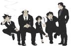  1girl 4boys balding bardock black_jacket black_necktie black_pants black_shirt black_shoes black_suit black_vest button-down_collar buttons cigarette collared_shirt commentary_request cross_scar double-breasted dragon_ball dragon_ball_z dress_shirt dress_shoes earrings expressionless facial_hair fashion formal_clothes grey_necktie grey_socks grin hands_in_pockets high_heels highres invisible_chair invisible_floor jacket jewelry loafers long_sleeves looking_at_another loose_necktie missing_tail mouth_hold multiple_boys mustache necktie own_hands_clasped own_hands_together oxfords panbukin_(dragon_ball) pants penny_loafers pocket_square ponytail pumps saiyan scar scar_on_cheek scar_on_face seripa shirt shoes short_hair sideways_mouth simple_background sitting sleeves_rolled_up smile smoke smoking socks spiked_hair spread_legs standing suit sumiru_(dancing_monkey) talking toma_(dragon_ball) toteppo triangle_mouth vest white_background white_shirt wing_collar wingtip_collar wrinkled_fabric 