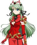  1girl 2000s_(style) blue_eyes bow bracelet breasts cleavage cleavage_cutout closed_mouth clothing_cutout dress elbow_gloves elixir_rose expressionless frown game_asset gloves green_hair hair_ribbon headdress jewelry kagashima_itsuki large_variant_set long_hair magical_girl mahou_senshi_(series) mahou_senshi_elixir_knights medium_breasts non-web_source official_art red_gloves ribbon saitou_natsuki self-datamine serious simple_background solo tachi-e transparent_background variant_set 