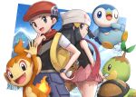  1boy 1girl :d beanie chimchar dawn_(pokemon) fangs gonzarez hat highres long_hair looking_at_viewer lucas_(pokemon) microskirt mountain pink_skirt piplup pokemon pokemon_(creature) pokemon_(game) pokemon_dppt scarf skirt smile turtwig waving 